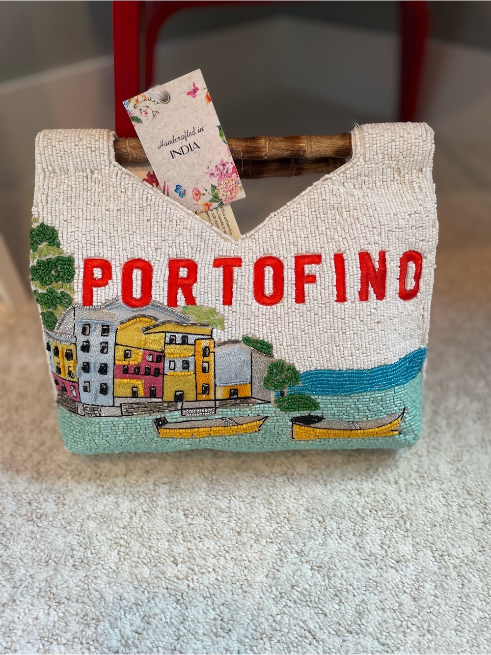 Handcrafted in India Portofino Beaded Tote with Coastal Village Design